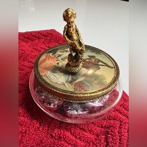 Antique- Vintage 1920’s (approx) Era, Glass, Musical Dish with Gold Cherub Lid